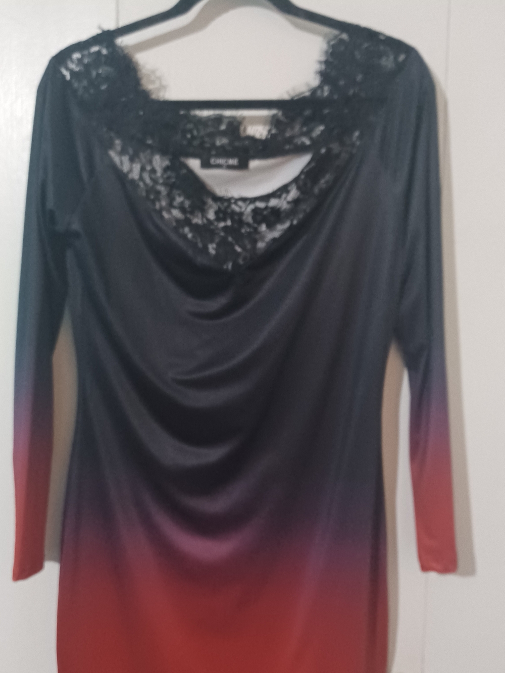 chic Black-to-Red Ombre Lace-Neck Mini Dress